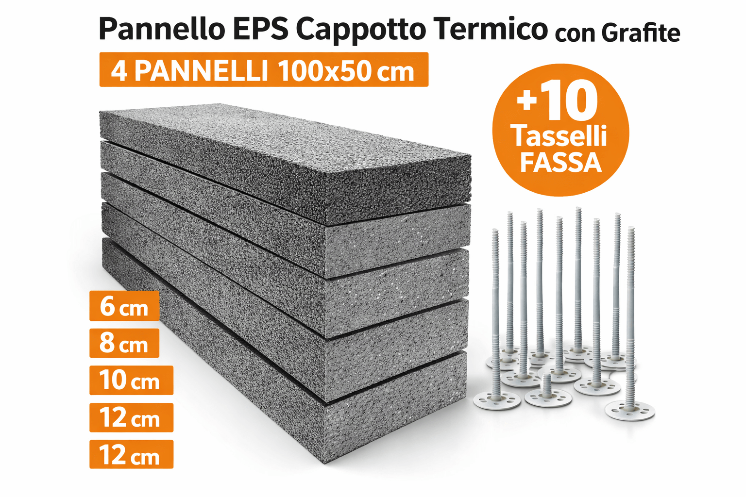 Pannello Polistirene EPS Cappotto Termico 100x50 cm (Set 4 Pz) – Spessori 6/8/10/12 cm – + 10 Tasselli FASSA con Grafite - Lemag srl