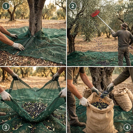 Fasi d'uso del kit completo raccolta olive con posizionamento rete, scuotitura con scopa e insaccamento nei sacchi di juta.