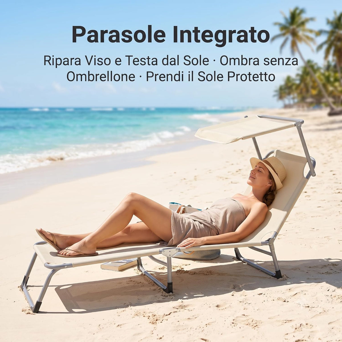 Donna distesa in spiaggia su uno dei lettini da mare con parasole beige con tettuccio integrato per proteggere il viso dal sole.