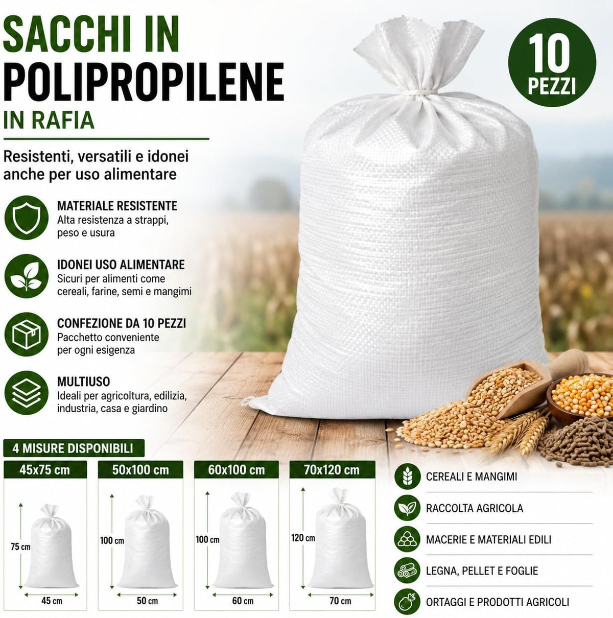 Sacchi in Polipropilene Rafia per Alimenti 10 Pezzi – Varie Misure - Lemag srl