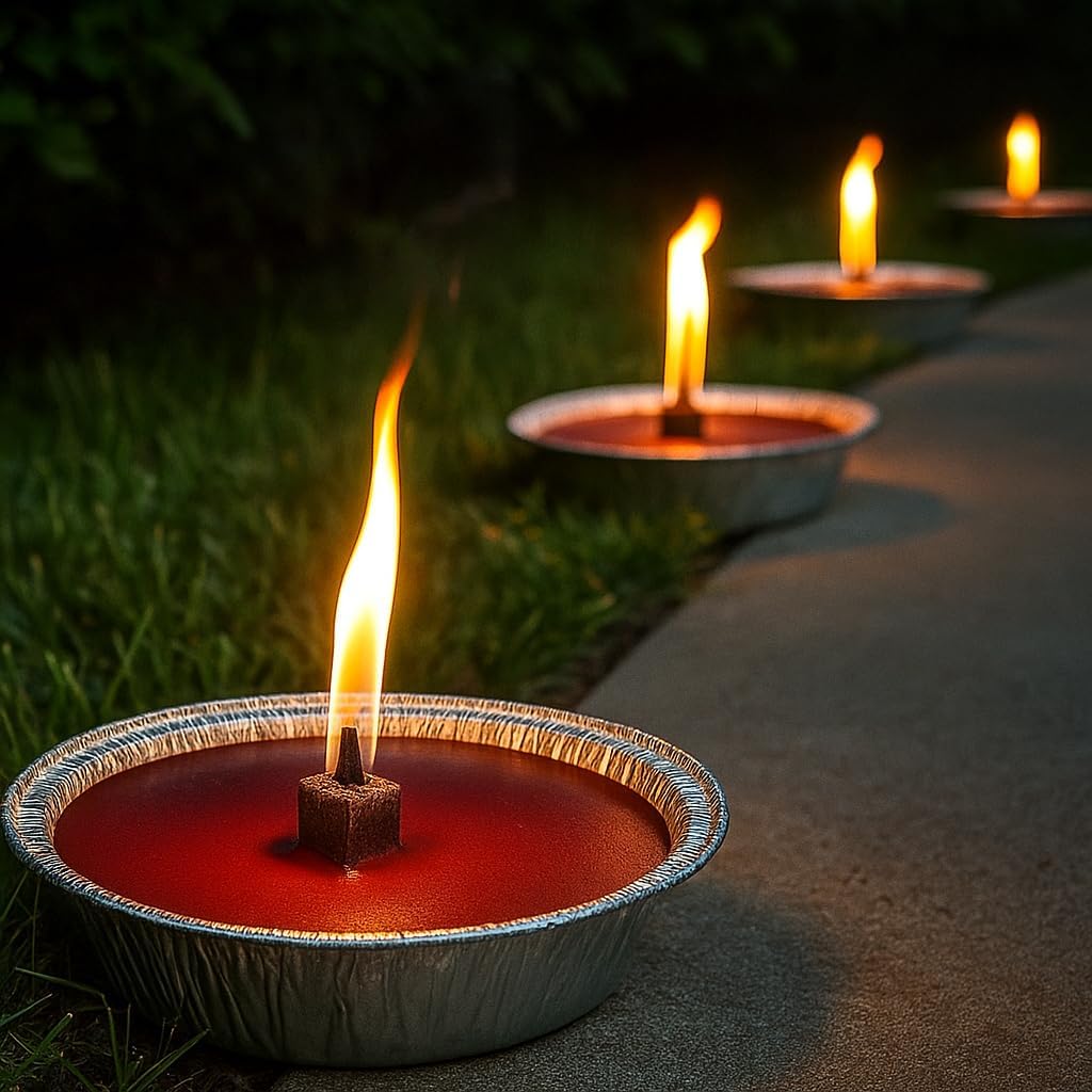 Fiaccole da Giardino in Alluminio Ø14 cm – Confezione da 12 – Cera Rossa – Durata 3 Ore – Antivento, Ideali per Esterni, Feste, Eventi, Atmosfera Romantica - Lemag srl