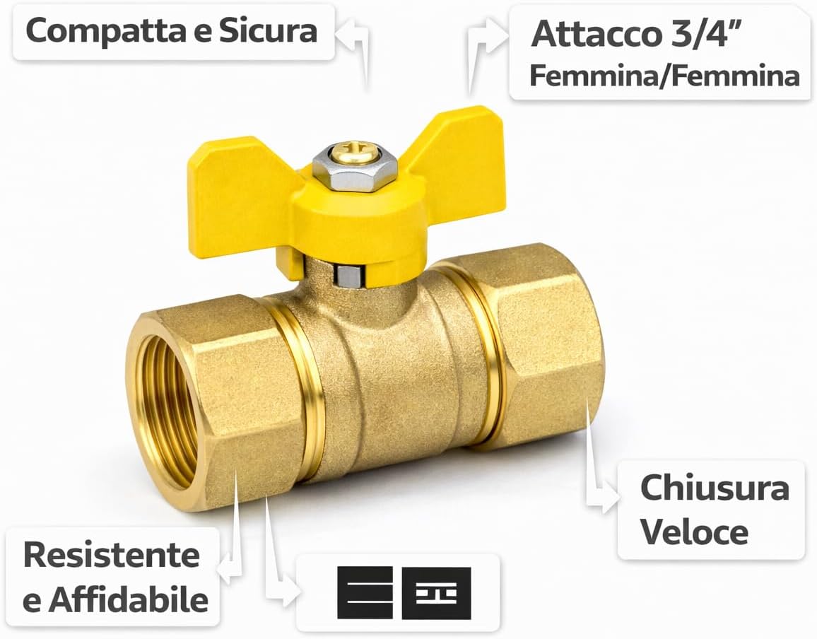 Valvola a Sfera Gas FF 3/4" in Ottone – Rubinetto Femmina Femmina - Lemag srl