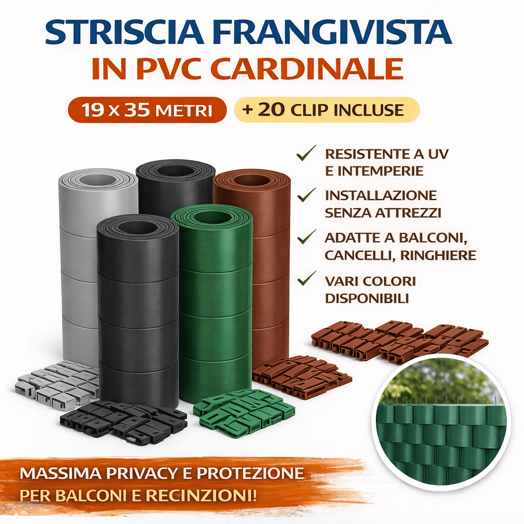 Striscia Frangivista in PVC Cardinale 19 cm x 35 m con 20 Clip Privacy Balcone Recinzione - Lemag srl