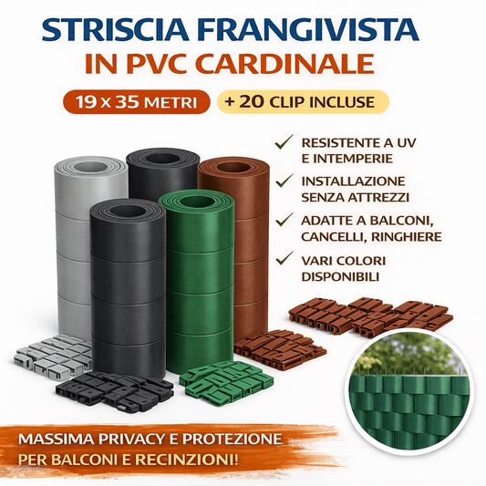 Striscia Frangivista in PVC Cardinale 19 cm x 35 m con 20 Clip Privacy Balcone Recinzione - Lemag srl