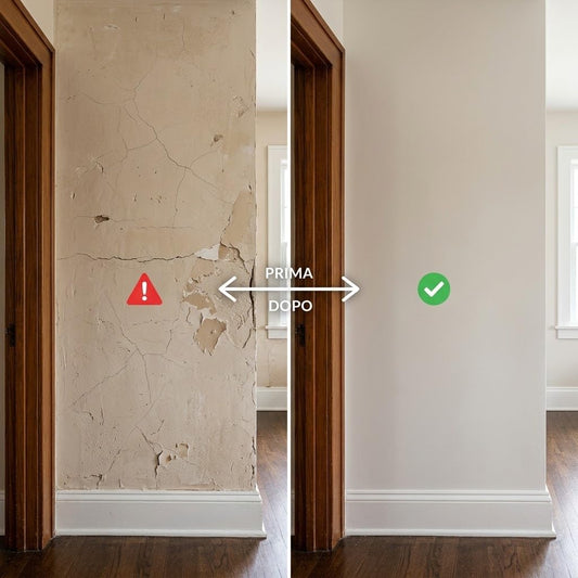 Parete prima e dopo la riparazione con stucco in polvere per cartongesso per il ripristino di intonaci screpolati.
