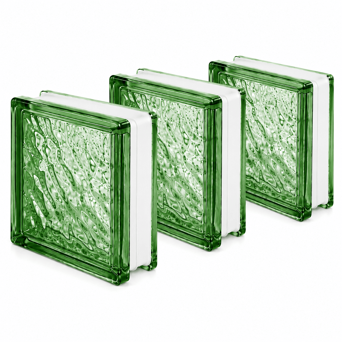 Set di 3 pezzi di vetromattone verde ondulato da 19x19x8 cm per pareti divisorie decorative in bagno o cucina.