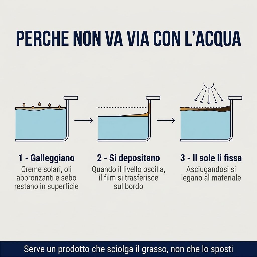 Infografica sul perché lo sporco si fissa sulla linea d'acqua e come agisce lo sgrassante bordo piscina contro creme e oli.