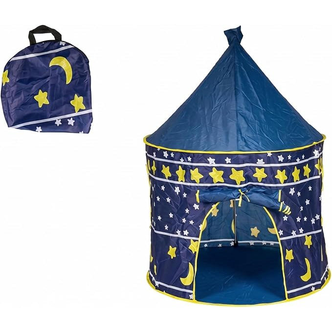 Una tenda gioco per bambini pieghevole blu con stelle gialle, dimensioni 105x105x135 cm, e borsa per il trasporto.