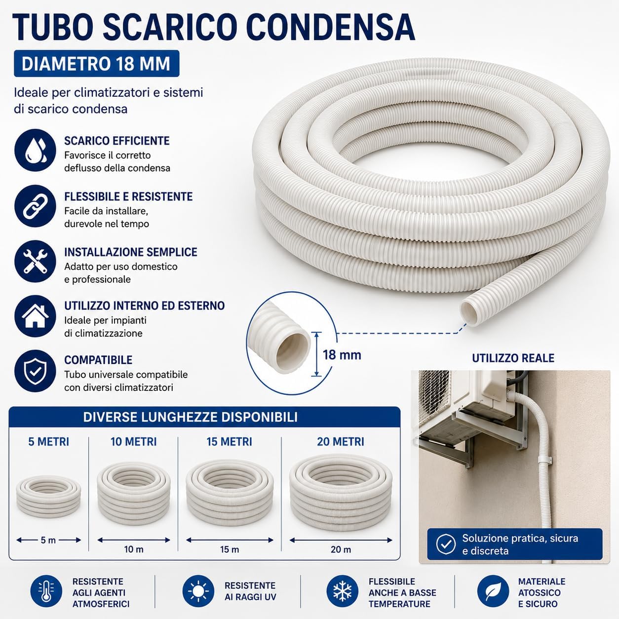 Rotolo di tubo scarico condensa climatizzatore flessibile da 18 mm per condizionatore, in diverse lunghezze.