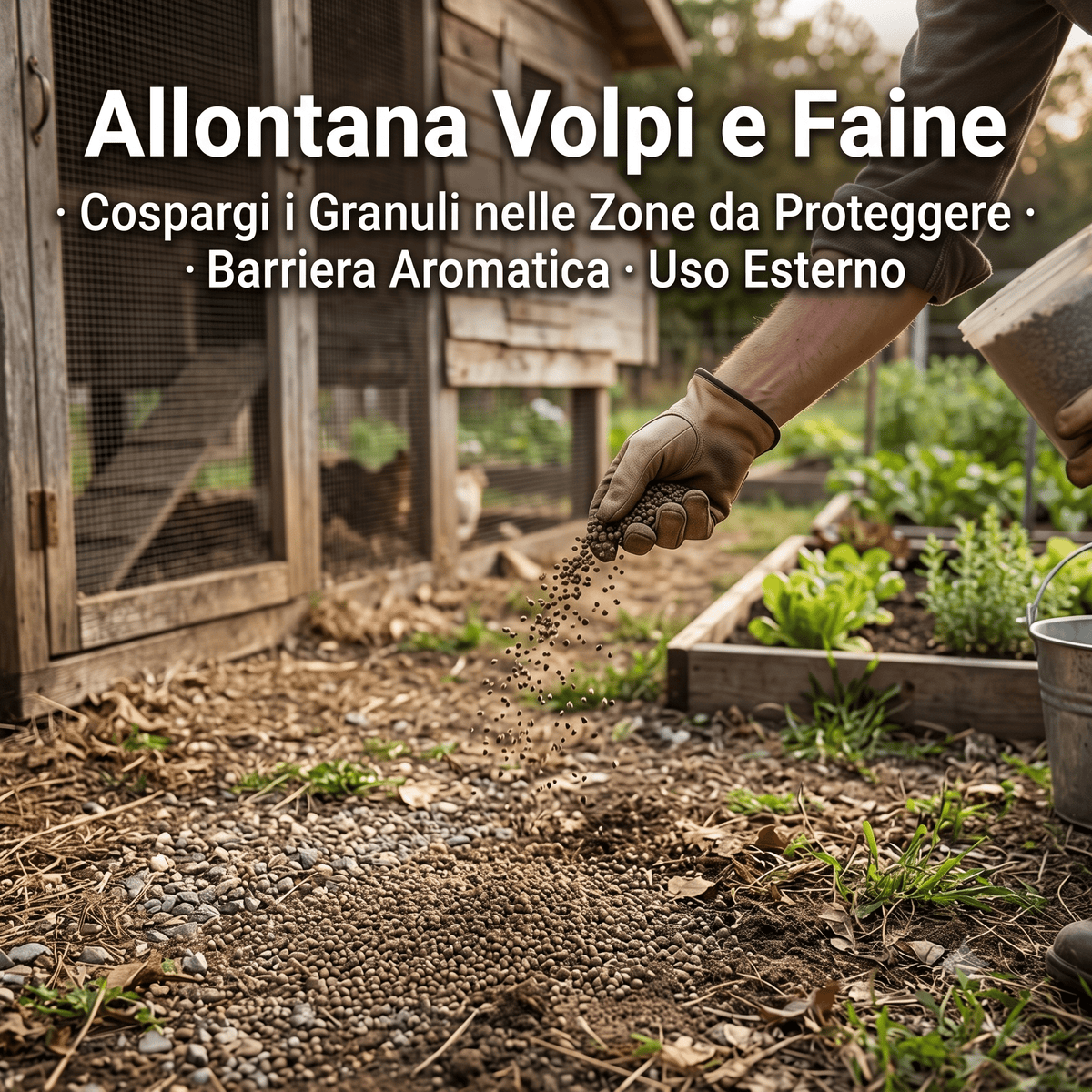 Distribuzione del disabituante per volpi e faine in granuli intorno a un pollaio per creare una barriera protettiva.