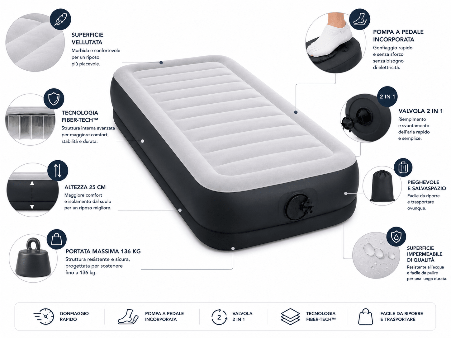 Materasso Gonfiabile Singolo con Pompa Incorporata Superficie Vellutata Fiber - Tech Portata 136 kg - Lemag srl