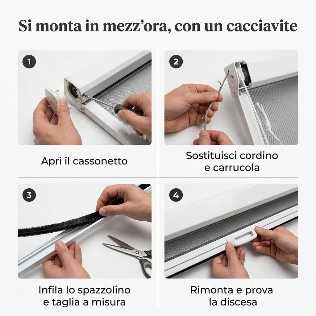 Kit Ricambi Zanzariera a Rullo 7 Pezzi Spazzolino Cordino Maniglie - Lemag srl
