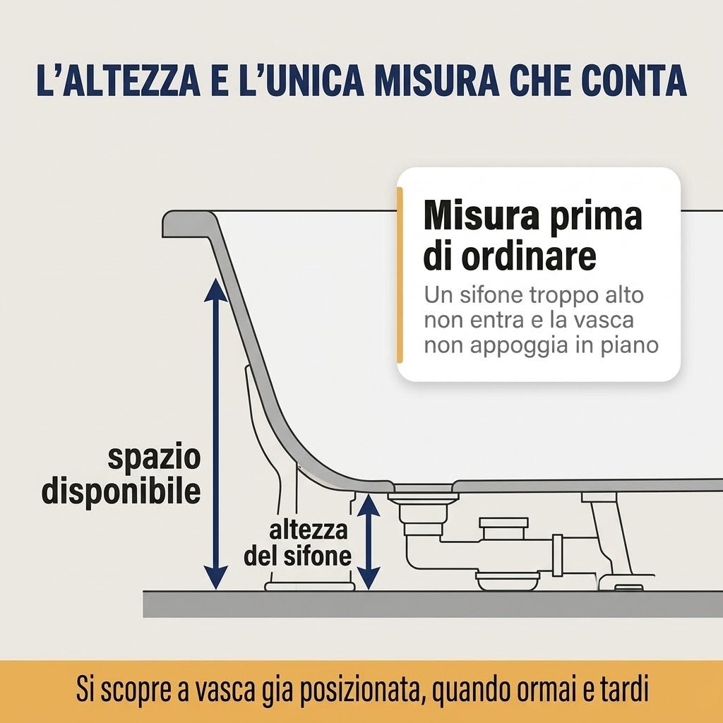 Schema illustrativo dello spazio sotto la vasca per la scelta di un sifone vasca ribassato.