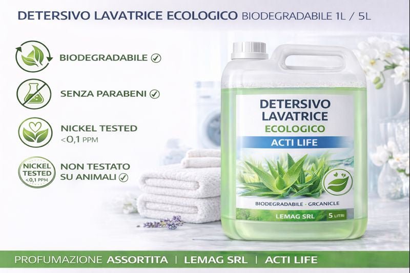 Detersivo Lavatrice Ecologico Biodegradabile 1L/5L – Senza Parabeni – Nickel Tested – Non Testato su Animali – Profumazioni Assortite - Lemag srl