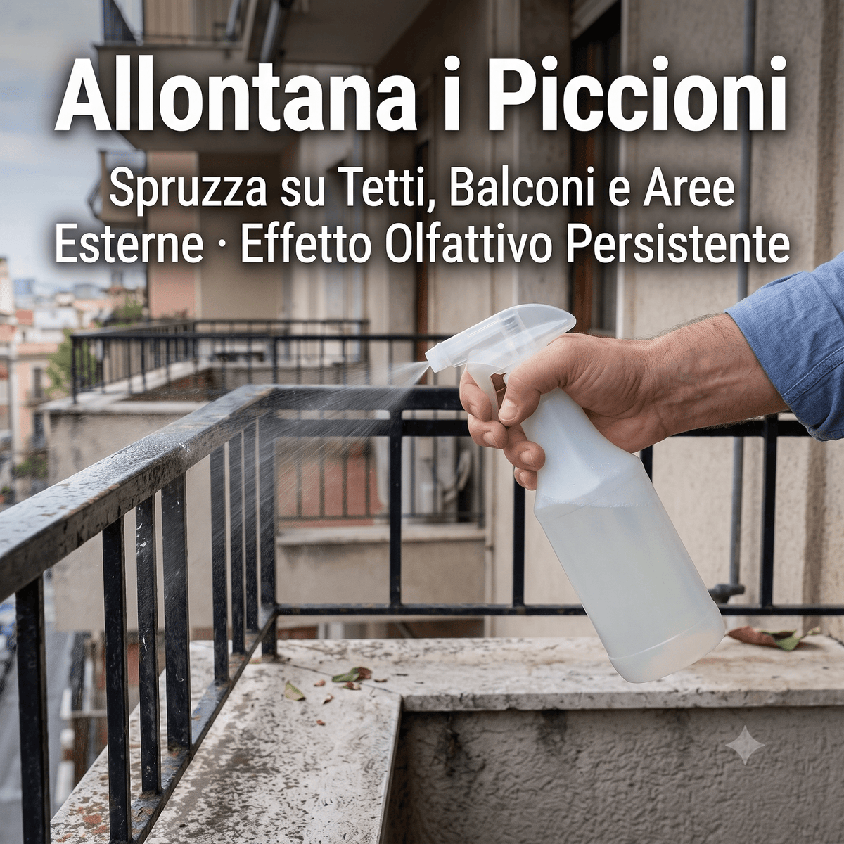 Applicazione di disabituante piccioni concentrato spray sulla ringhiera di un balcone per allontanare i volatili.
