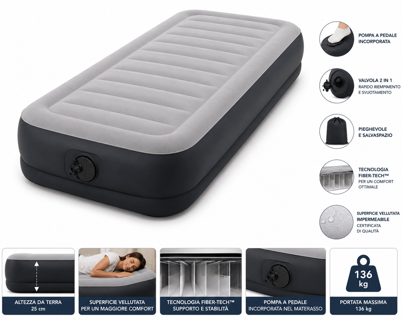 Materasso Gonfiabile Singolo con Pompa Incorporata Superficie Vellutata Fiber - Tech Portata 136 kg - Lemag srl