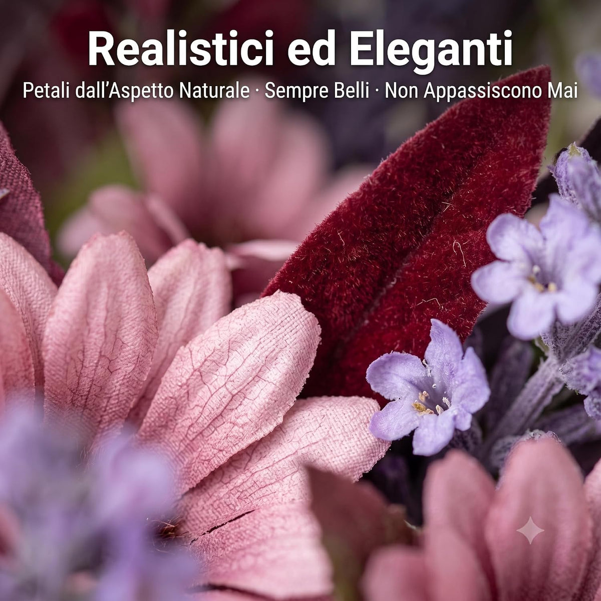 Dettaglio dei petali realistici di un mazzo di fiori artificiali rosa, lilla e bordeaux, ideali per decorare casa con eleganza.