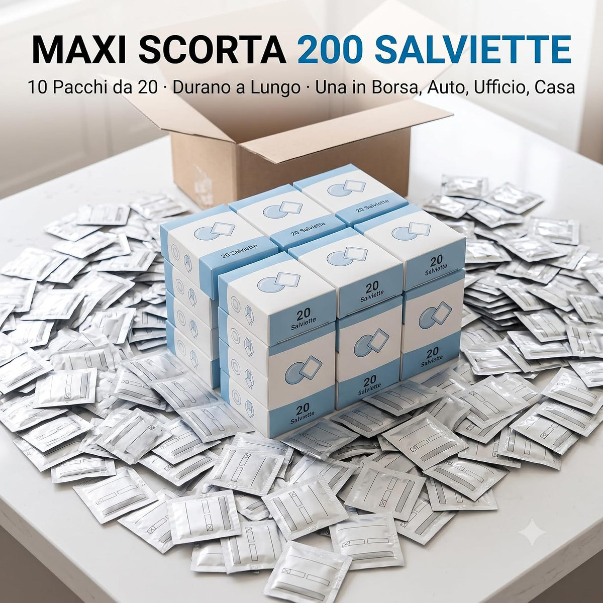 Confezione maxi scorta con 200 salviette umidificate per occhiali monouso e divise in 10 pacchetti ideali per lenti senza aloni.