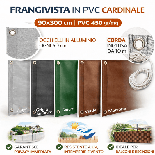 Frangivista PVC Cardinale 90x300 cm con Occhielli e Corda Privacy Balcone - Lemag srl