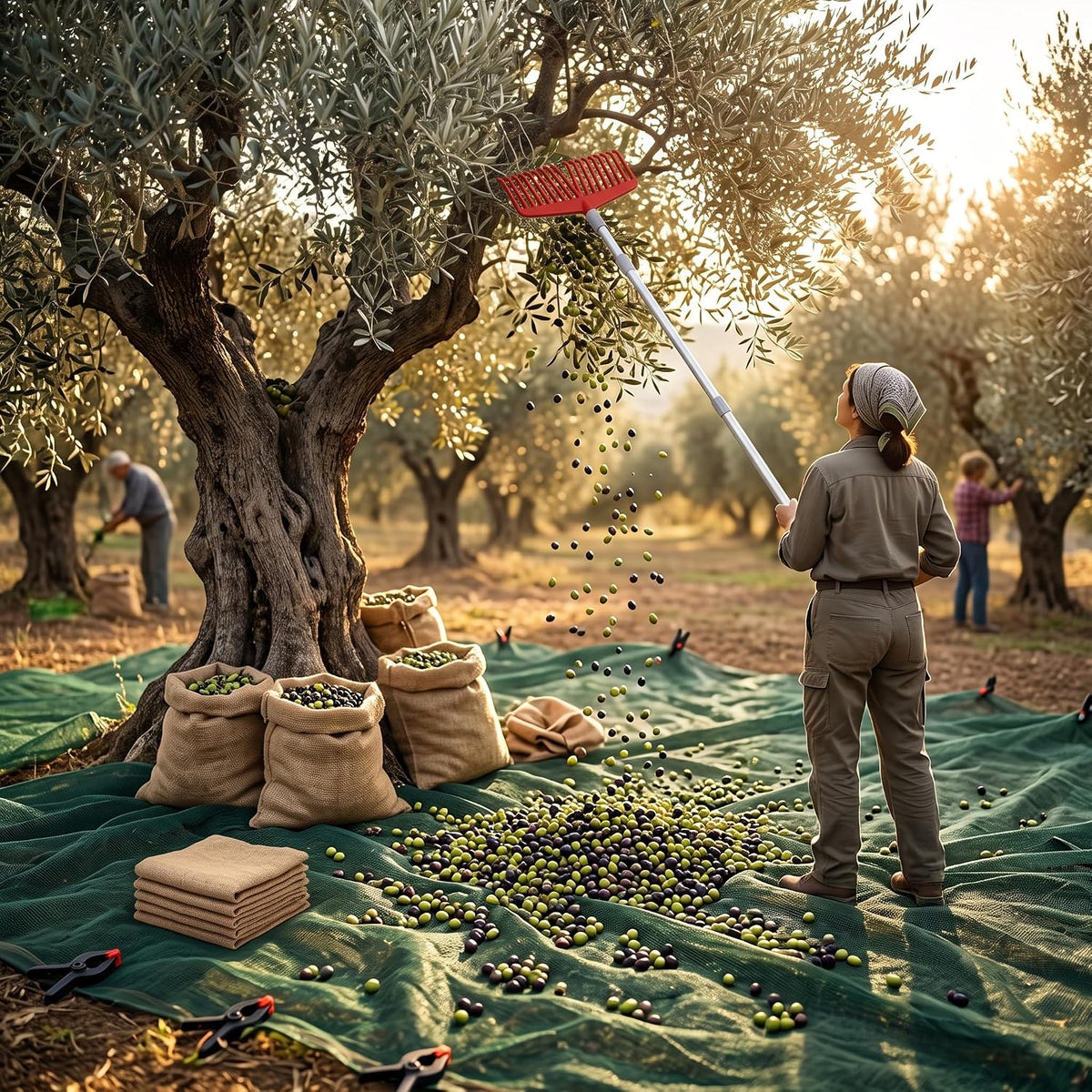 Uso del kit raccolta olive con scopa telescopica e rete antispina stesa a terra per raccogliere le olive in un uliveto.