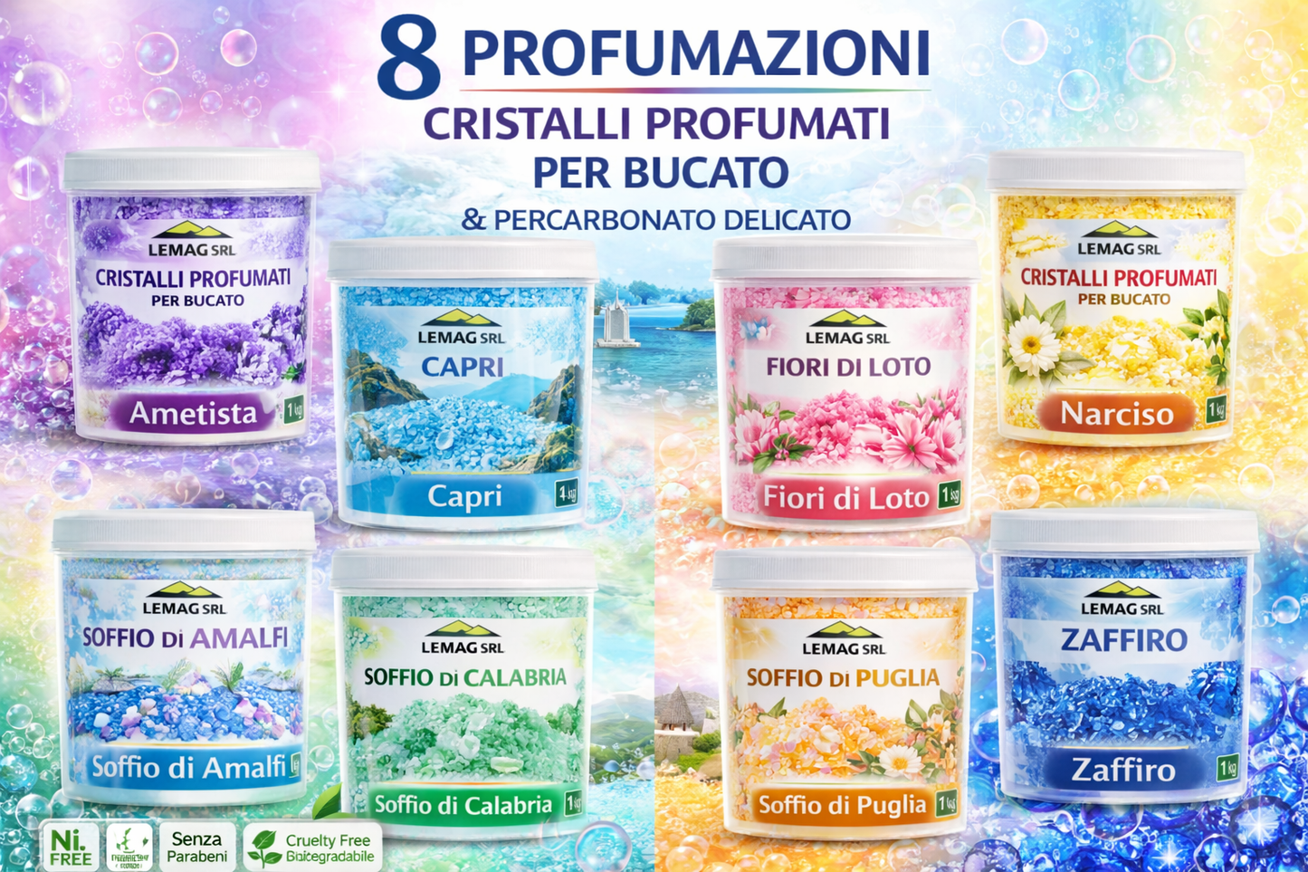 Cristalli Profumati Bucato 1 Kg con Percarbonato – Ammorbidente Naturale e Candeggiante Delicato – Nickel Free – LEMAG SRL - Lemag srl