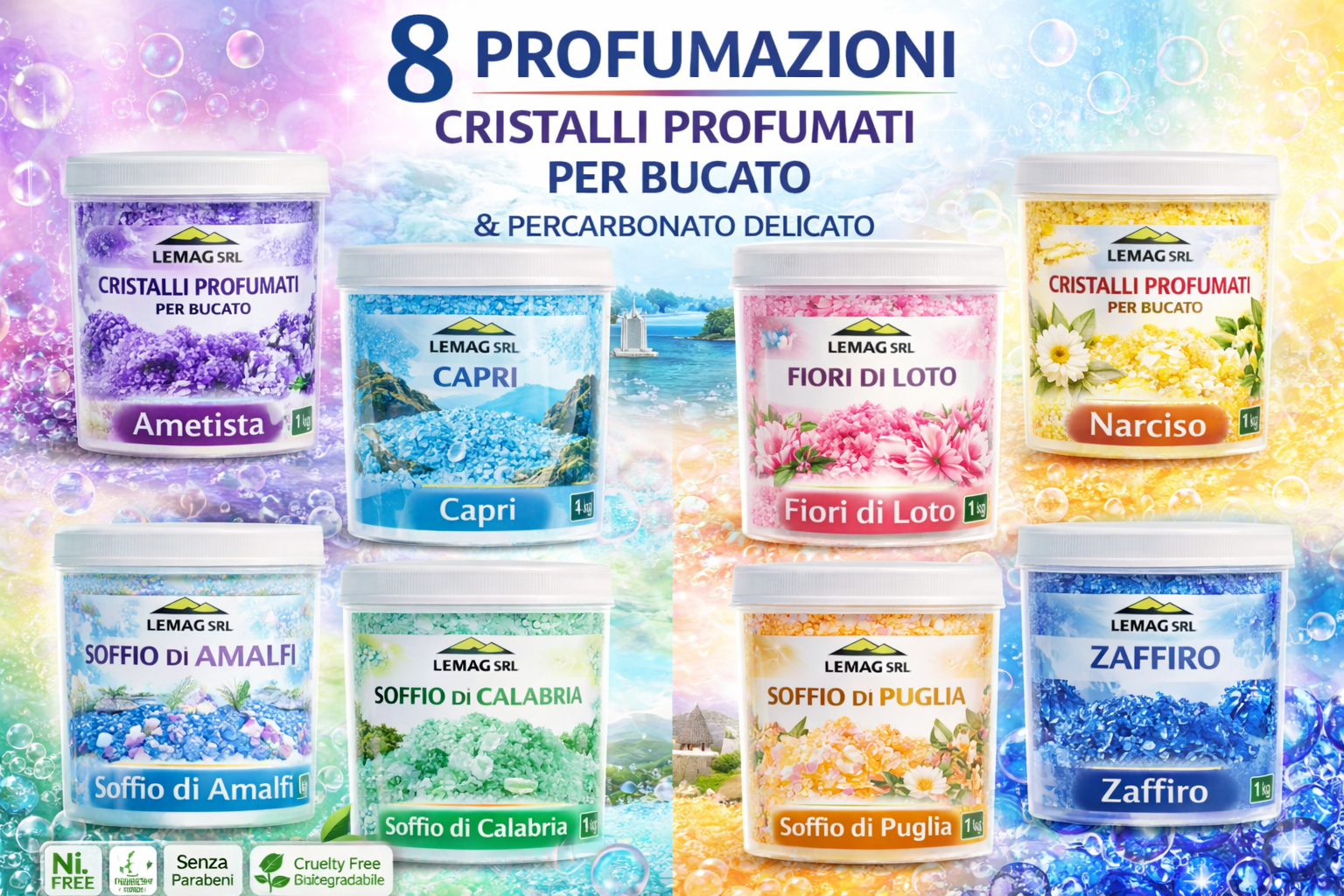 Cristalli Profumati Bucato 1 Kg con Percarbonato – Ammorbidente Naturale e Candeggiante Delicato – Nickel Free – LEMAG SRL - Lemag srl