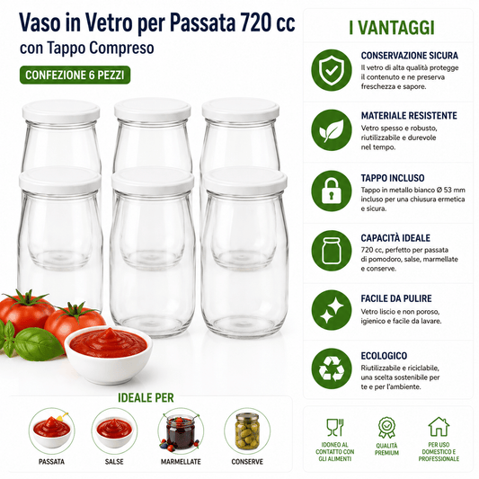 Vaso in Vetro per Passata 720 cc Ø 53 mm con Tappo Compreso Confezione 6 Pezzi Barattolo per Conserve Salsa Pomodoro Marmellata - Lemag srl