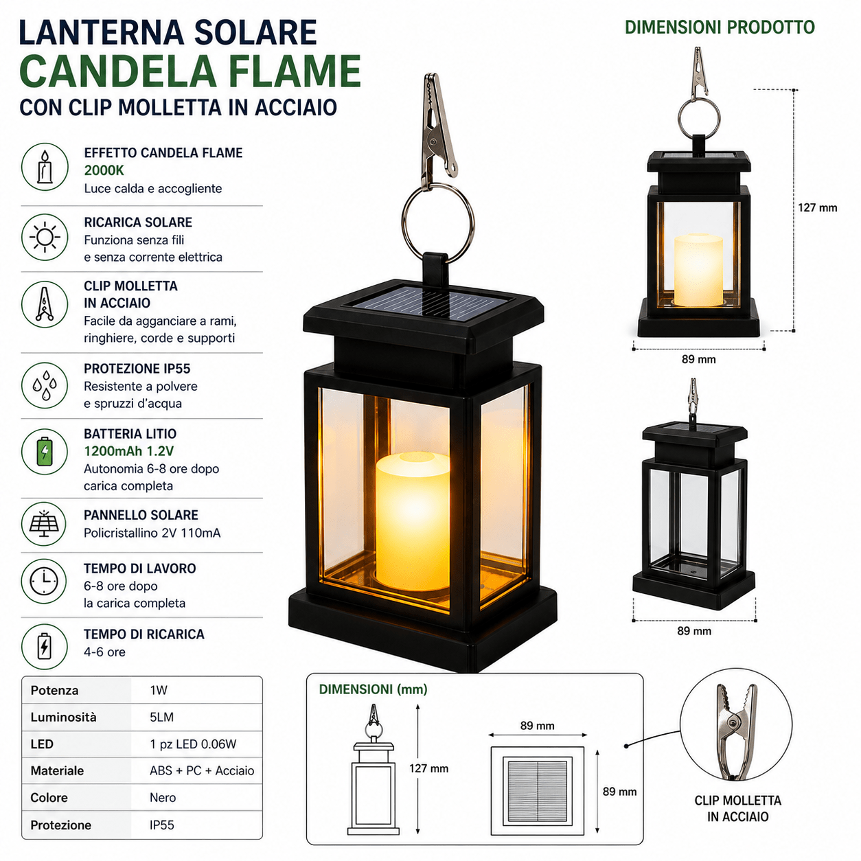 Lanterna Solare Candela Flame 2000K IP55 con Clip Molletta in Acciaio Luce Calda 5LM per Giardino Balcone Esterno - Lemag srl