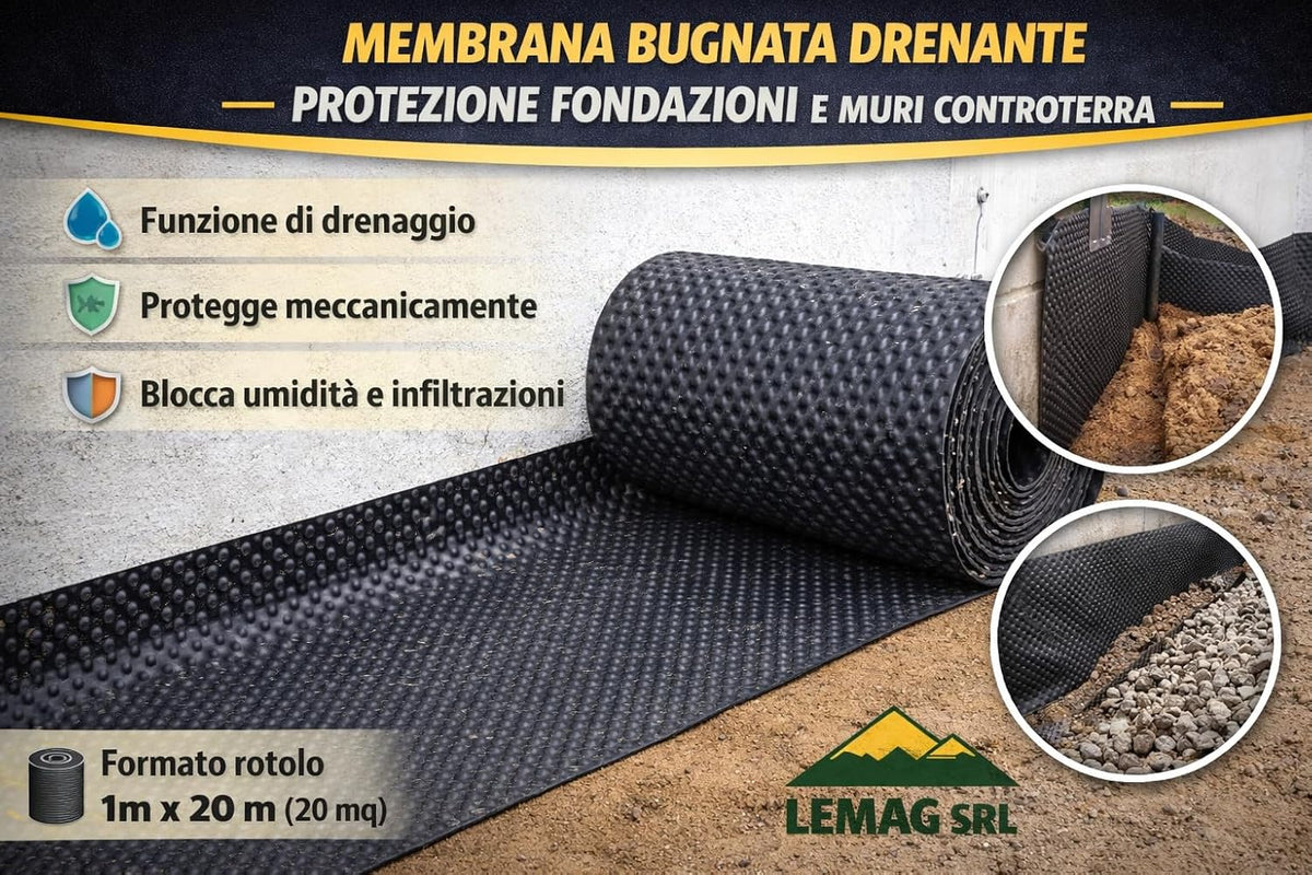 Membrana Bugnata Drenante 1m x 20m (20 mq) – Guaina HDPE per Protezione Fondazioni e Muri Controterra, Drenaggio e Barriera Umidità, Alta Resistenza - Lemag srl