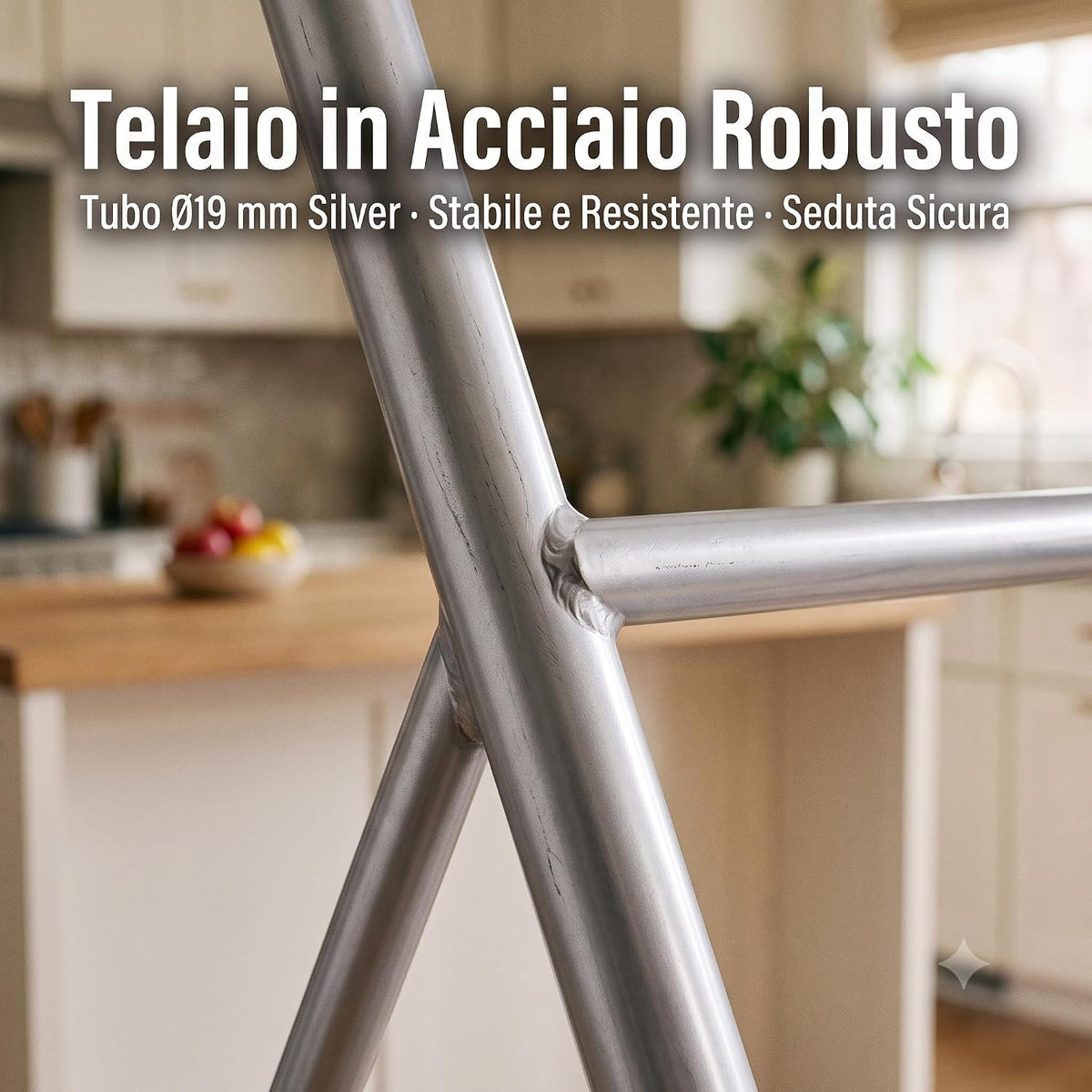 Dettaglio del robusto telaio in acciaio dei nostri sgabelli alti con schienale, stabili e resistenti per la cucina.