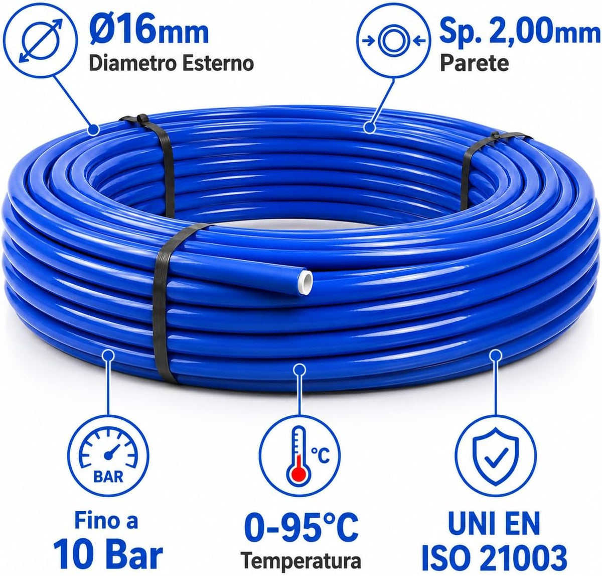Tubo Multistrato PE-RT/AL/PE-RT Ø16x2mm Rotolo – Rivestimento Blu Acqua Fredda | Impianti Idraulici Riscaldamento Sanitari | Alta Pressione e Temperatura | Made in Italy - Lemag srl