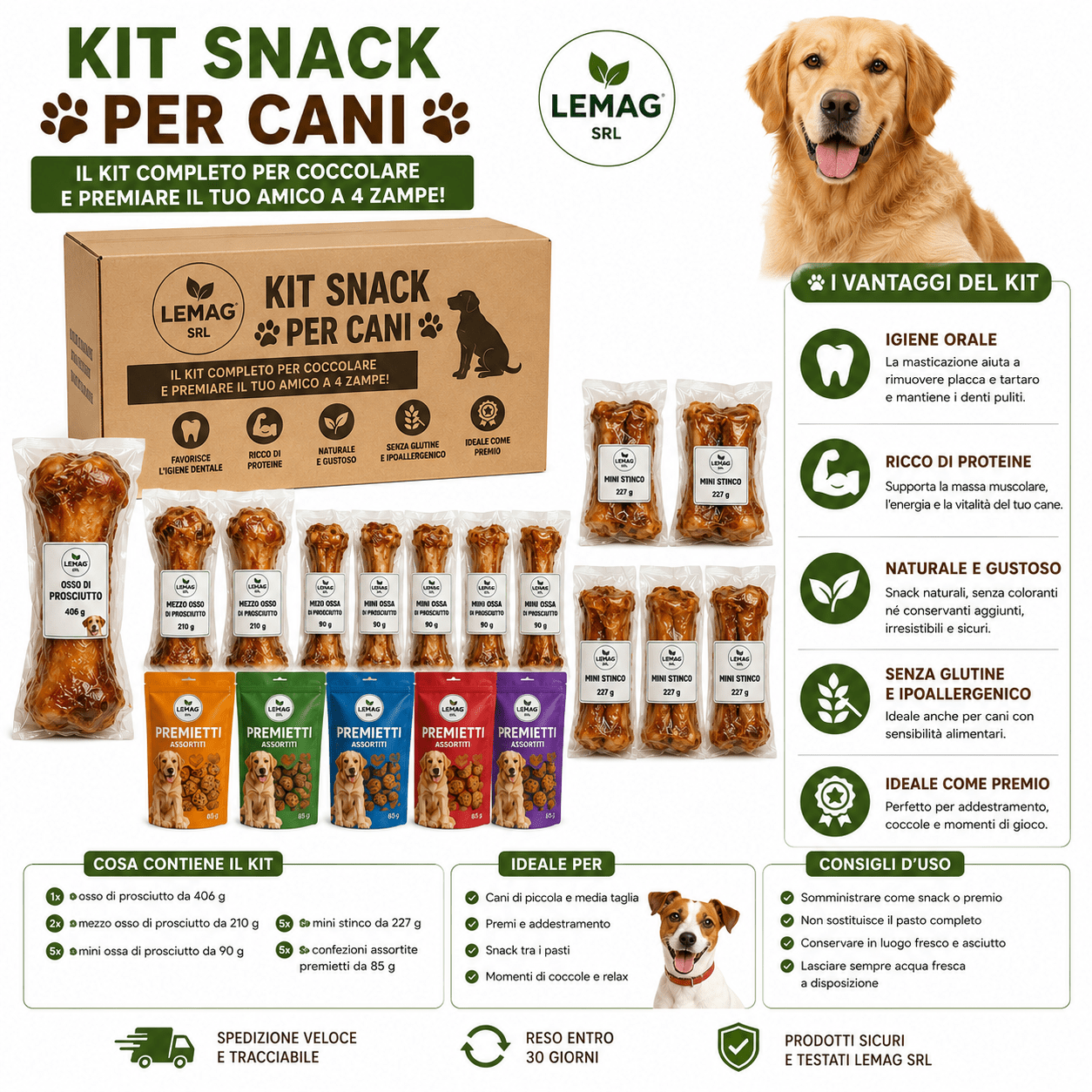 Kit Snack per Cani Assortiti Ossa Prosciutto Mini Stinco Premietti Naturali Snack Masticativi - Lemag srl