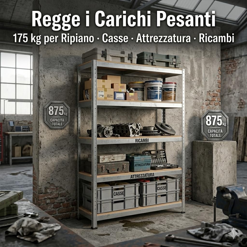 Scaffale Metallo 5 Ripiani 90x40x180h cm – Portata 875 kg Carico Pesante – Scaffalatura Zincata Heavy Duty Montaggio a Incastro Senza Bulloni per Garage Magazzino Cantina - Lemag srl