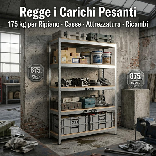 Scaffale Metallo 5 Ripiani 90x40x180h cm – Portata 875 kg Carico Pesante – Scaffalatura Zincata Heavy Duty Montaggio a Incastro Senza Bulloni per Garage Magazzino Cantina - Lemag srl