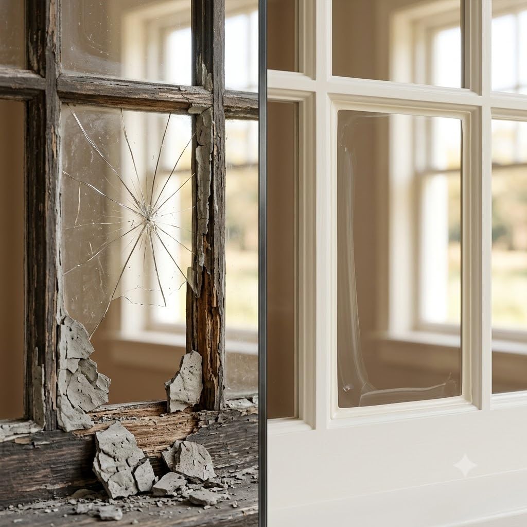 Finestra prima e dopo il restauro del vetro con stucco da vetraio in pane per sigillatura professionale su telai in legno.