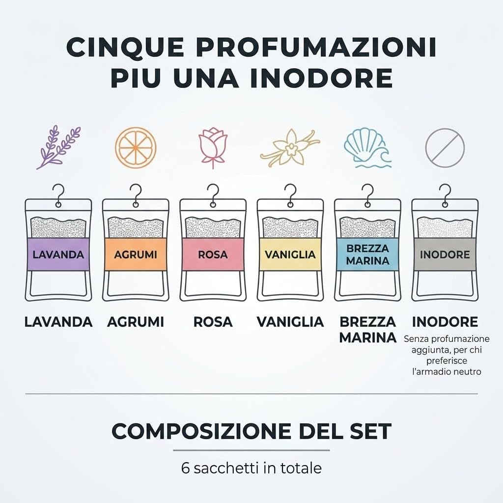 Set 6 Deumidificatori da Armadio con Appendino 500 ml - Sei Fragranze fra cui Inodore - Contro Umidita e Odore di Chiuso - Non Occupa Spazio sui Ripiani - Lemag srl