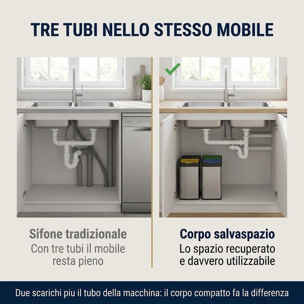 Sifone salvaspazio 2 vasche installato sotto il lavello della cucina a confronto con un modello tradizionale ingombrante.