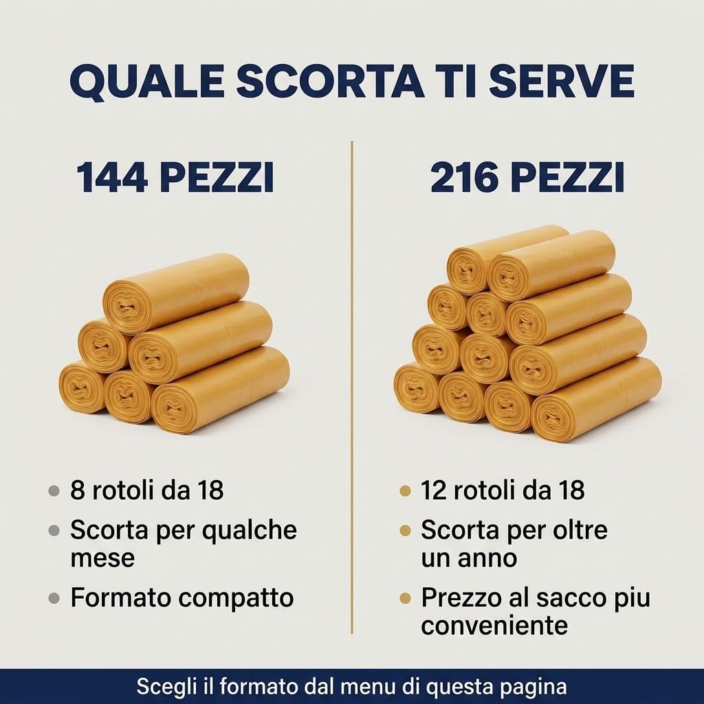 Sacchi Spazzatura 55x70 cm 40 Litri con Lacci - 144 Pezzi in 8 Rotoli - Sacchetti Immondizia Ambrati Resistenti per Pattumiera, Cucina, Garage e Raccolta Plastica - Lemag srl