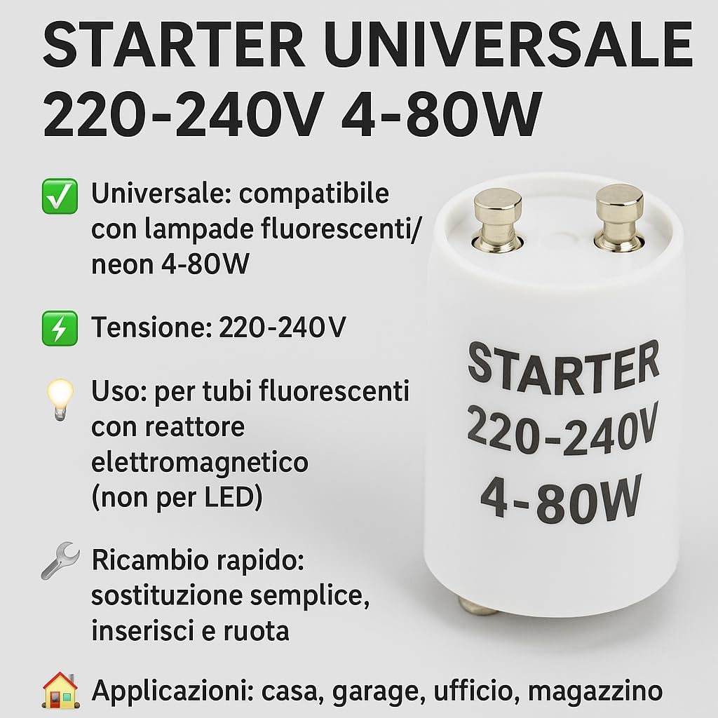Starter Universale per Lampade Fluorescenti/Neon 220-240V 4-80W – Accensione per Tubi con Reattore – Ricambio - Lemag srl