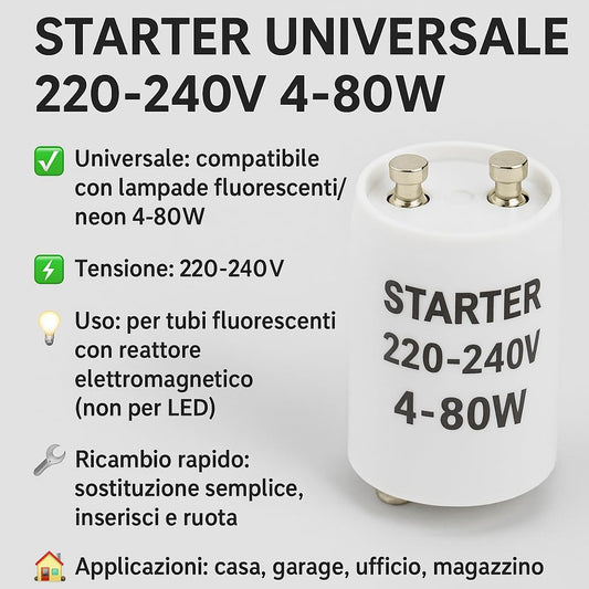 Starter universale per lampade fluorescenti neon 220-240V 4-80W – dettaglio