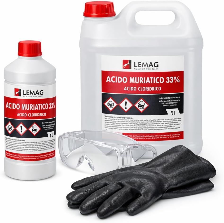 Kit Pulizia Edilizia Professionale – Acido Muriatico 33% 1L o 5L + Guanti e Occhiali Protettivi – Rimozione Calce e Cemento – Uso Cantiere - Lemag srl
