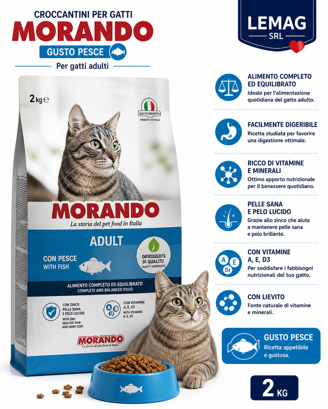 Croccantini per Gatti Morando 2kg Gusto Pesce per Gatti Adulti Alimento Completo con Vitamine Minerali Zinco - Lemag srl