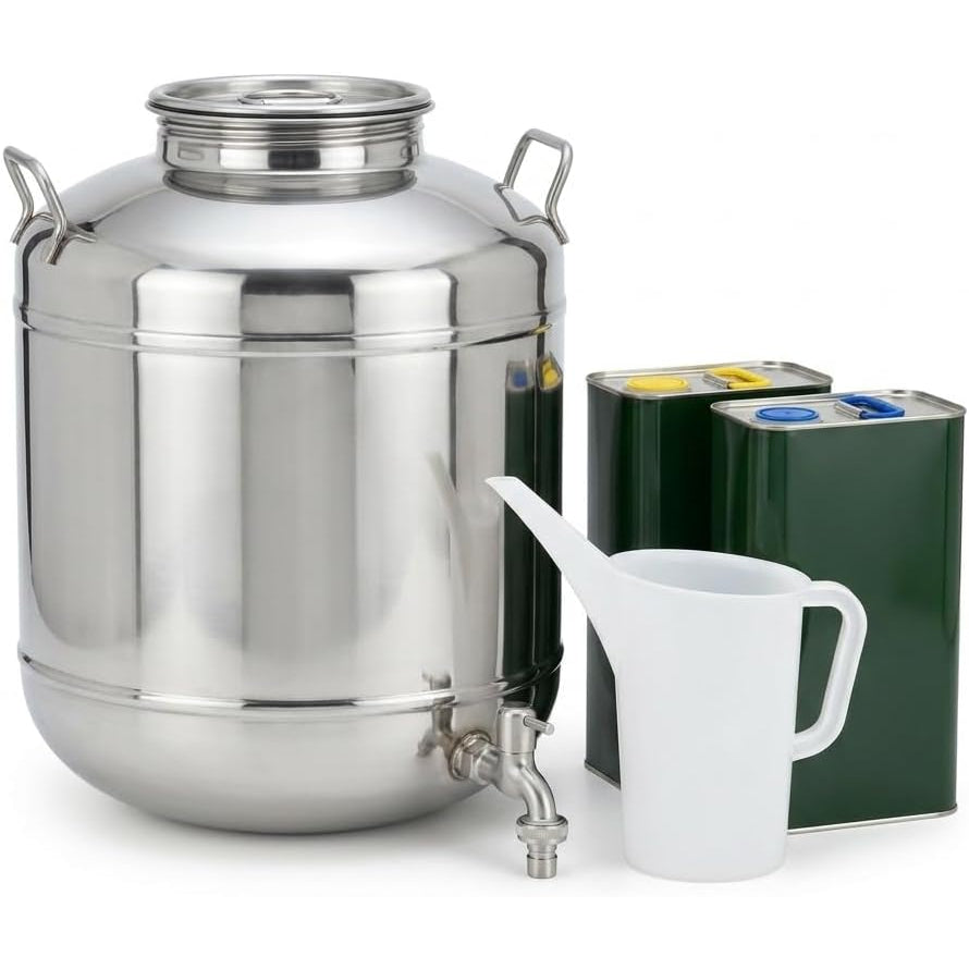Kit con fusto olio acciaio inox 30 litri, rubinetto, caraffa dosatrice e due lattine da 5 litri per olio extravergine.