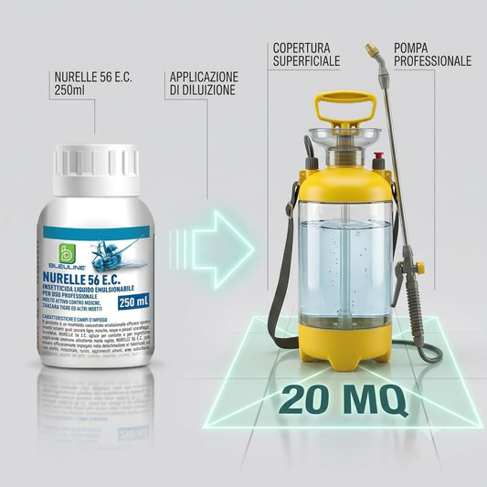Insetticida alla cipermetrina Nurelle 56 EC da 250ml con pompa a pressione professionale per diluizione e copertura di 20 mq.