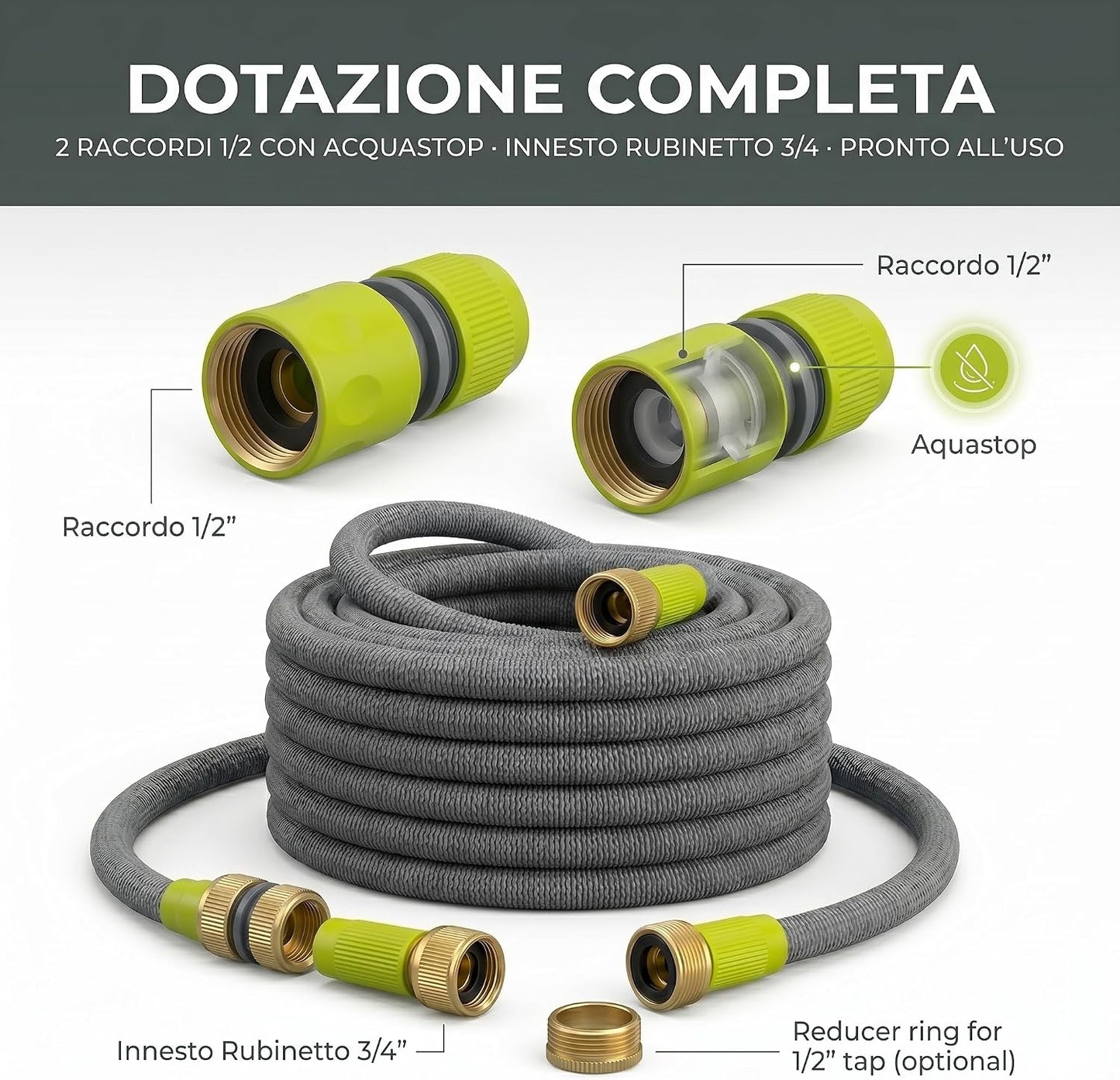 Tubo Estensibile da Giardino Professionale 10-30 m con Pistola 10 Getti – Canna Acqua in Poliestere Stabilizzato UV e Lattice Antitorsione – Raccordi 1/2" Acquastop e 3/4" - Lemag srl