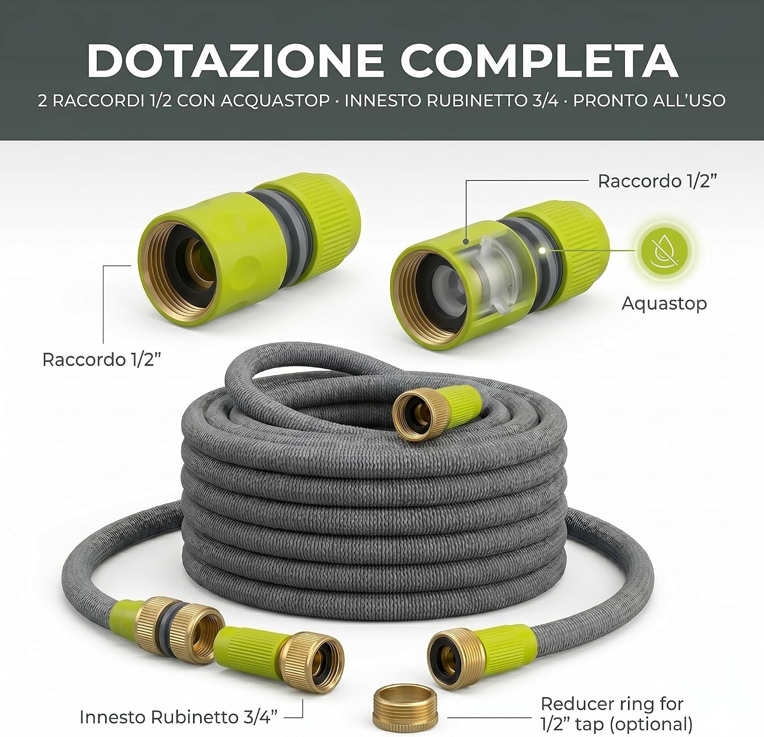 Tubo Estensibile da Giardino Professionale 10-30 m con Pistola 10 Getti – Canna Acqua in Poliestere Stabilizzato UV e Lattice Antitorsione – Raccordi 1/2" Acquastop e 3/4" - Lemag srl