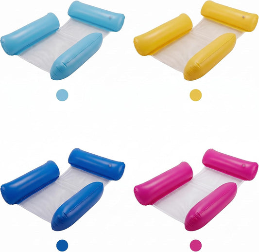 Quattro varianti di colore del lettino gonfiabile piscina adulti con braccioli e rete di supporto.