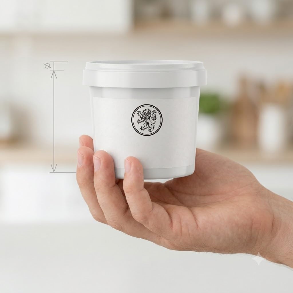 Confezione di colla per carta da parati in polvere Lemag da 200 g tenuta in mano per mostrare le dimensioni del barattolo.