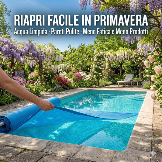 Riapertura della piscina in primavera con acqua limpida grazie allo svernante liquido per piscine.