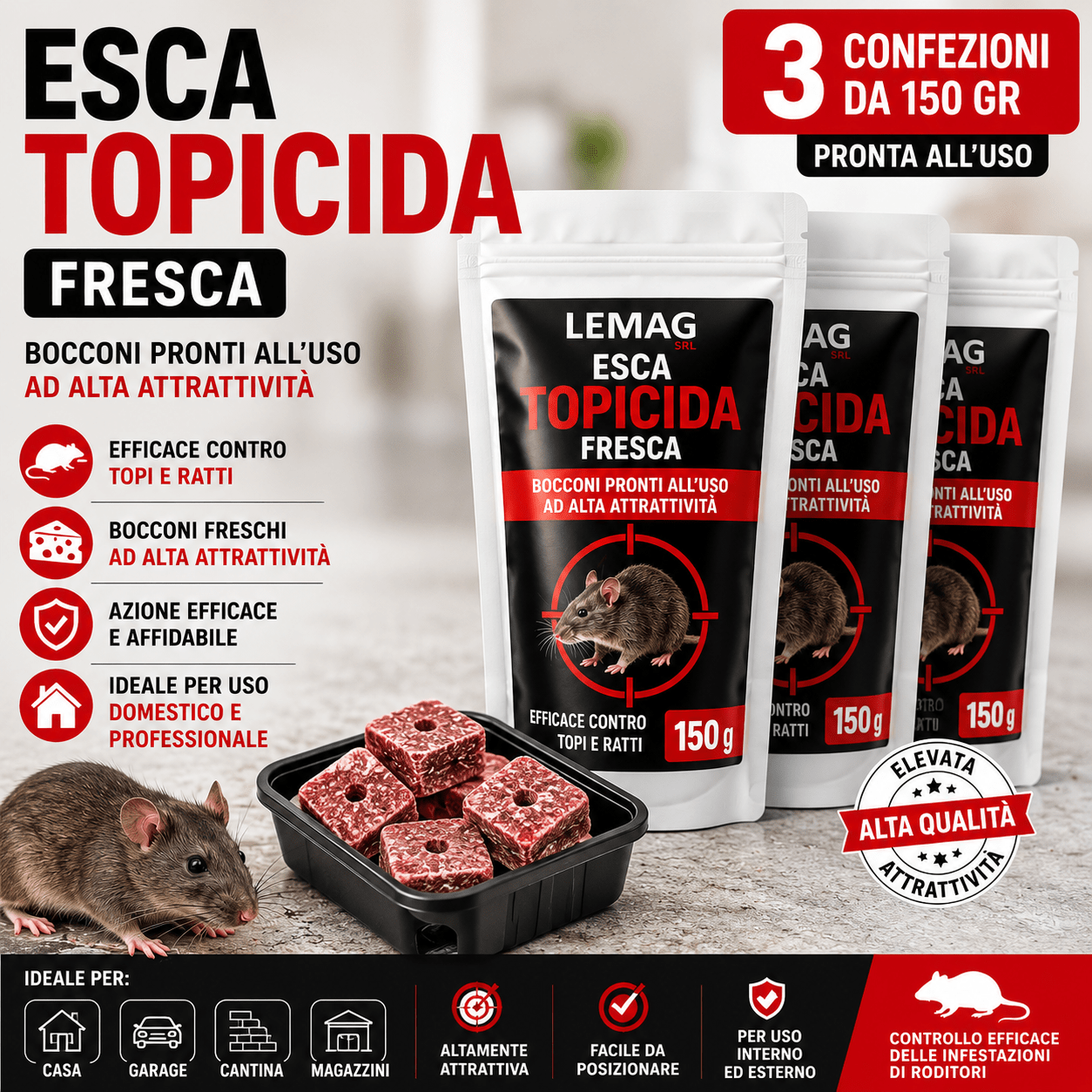 Esca Topicida Fresca 150 gr 3 Confezioni per Topi e Ratti Bocconi Pronti all’Uso ad Alta Attrattività Uso Domestico e Professionale - Lemag srl